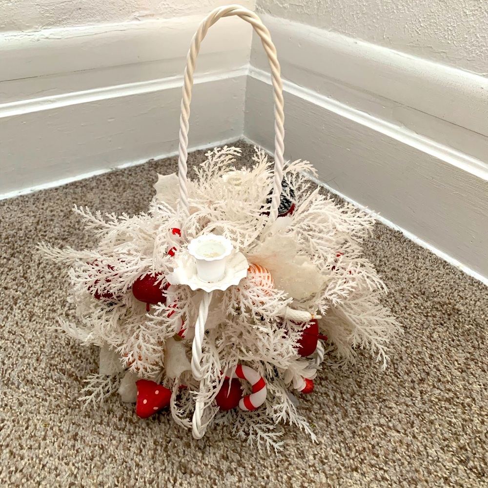 Kitschy vintage Christmas centerpiece candle holder plastic mushroom candy  cane